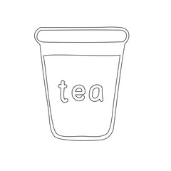 Line drawing of a cup filled with tea, featuring the word 