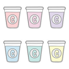 Six illustrated cups in pastel colors, each marked with a white letter 