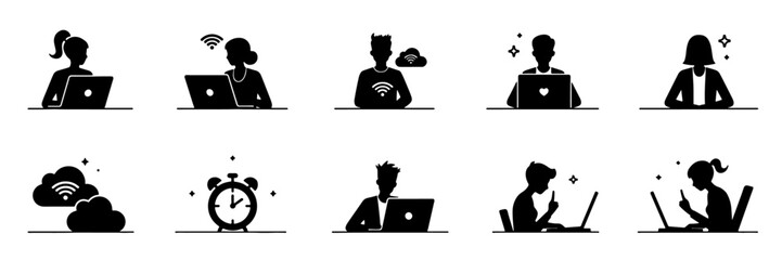 Remote Work & Digital Nomad Lifestyle, Work From Home Silhouette Icons