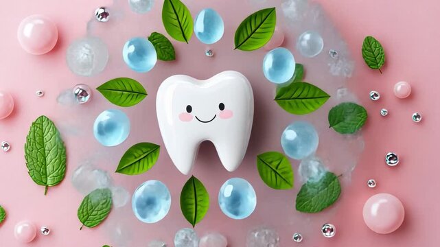 Cute cartoon tooth character surrounded by green mint leaves, bubbly spheres, and a soft pink background for dental or hygiene themes