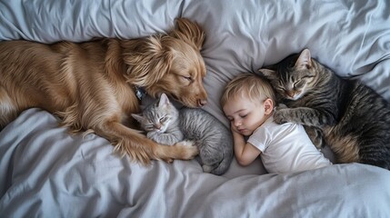 A child with Golden Retriever and Tabby Cat Peacefully Sleeping Together in Bed Against Light Grey Bedding