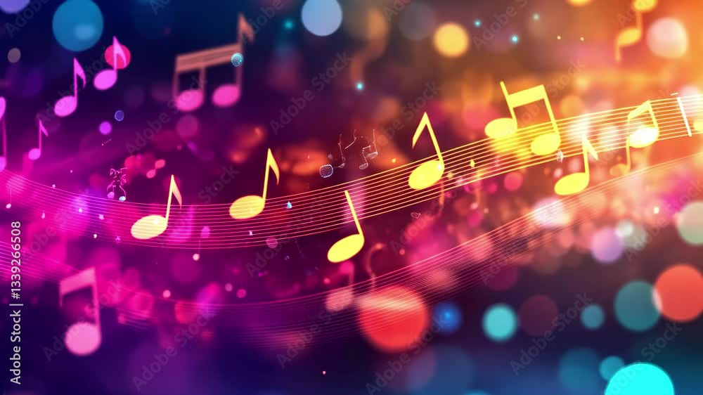Fototapete Digital abstract background featuring music notes and vibrant colors for creative projects, ed 3d visual background for music tracks