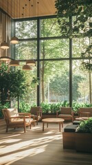 Sunlit lounge with wooden chairs, plants, and large windows.