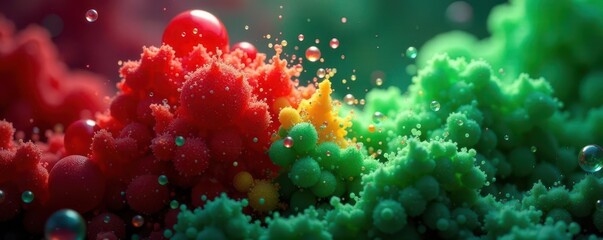 Fototapeta premium Massive bubbly crimson burst against emerald green, force, glowing, dramatic