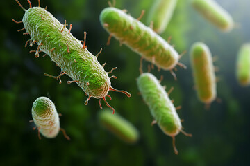 Fototapeta premium Generative AI illustration of microscopic bacterial forms showcasing vivid molecular structures and glowing effects