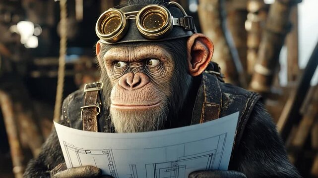 Thoughtful anthropomorphic monkey in steampunk goggles holding blueprints in a creative workshop environment with intricate machinery and tools