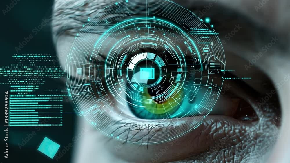 Poster Futuristic Close-Up of Human Eye with Digital Interface Displaying Data and Technology Concepts in Abstract Style for Science and Innovation Themes