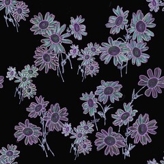 Digital seamless pattern with light daisy motif on a black background