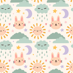 Cute seamless pattern with childish doodles in pastel colors - sun, bunny, rainy cloud, stars, moon. Vector hand-drawn flat illustration. Perfect for print, wrapping paper, wallpaper, fabric, textile.