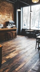 Fototapeta premium Rustic cafe interior, wood floors, brick wall, winter view.