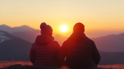Two friends watching sunset, silhouetted figures against vibrant sky, peaceful moment in nature, perfect for travel stories.