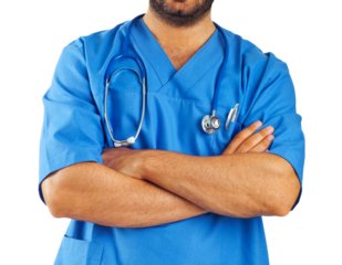 Doctor wearing blue scrubs crossing arms with stethoscope on transparent background