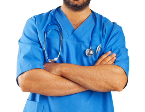 Doctor wearing blue scrubs crossing arms with stethoscope on transparent background