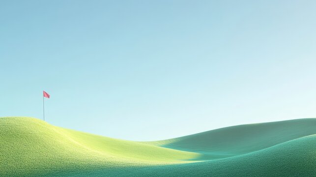 Symbolic golf club positioned on a vibrant green hill at a pristine golf course, representing sport