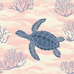 Fototapeta premium Serene Sea Turtle in Pastel Ocean with Coral Reef Illustration