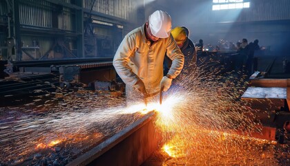 Skilled laborers operate machinery, creating sparks amidst a bustling manufacturing environment.