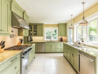 A bright and spacious kitchen with light green cabinetry