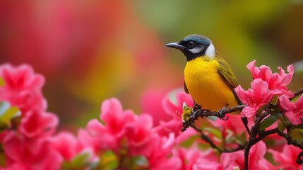 Obraz premium Colorful bird resting amidst blooming azaleas in a beautiful spring garden setting