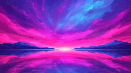 Fototapeta premium Purple and blue lake sky landscape with reflection