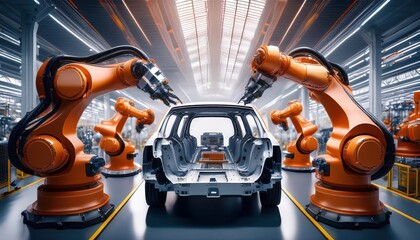 Robotic arms meticulously assemble a car chassis in a modern manufacturing facility.