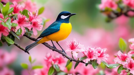 Fototapeta premium Colorful bird resting gracefully among vibrant blooming azaleas in a stunning spring garden scene