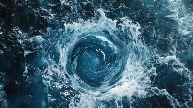Spiraling water vortex creates a powerful whirlpool in the ocean, drawing in surrounding waves and debris