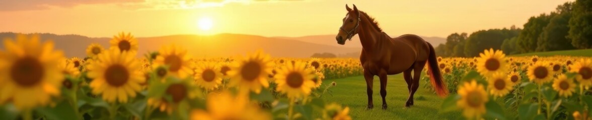 Fototapeta premium Bay horse, bridle, sunflower field, summer sun, agriculture, serenity, sunlight