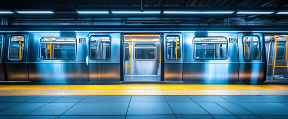Steel subway car at platform, doors open, showing interior, blue and yellow color scheme, clean and modern design, conveying public transport, urban travel