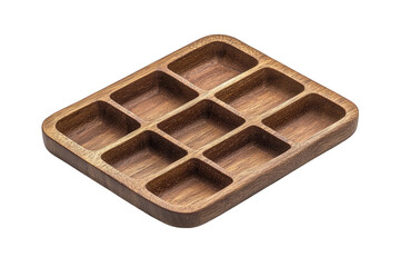 A wooden tray divided into nine compartments, ideal for organizing small items or serving snacks elegantly.