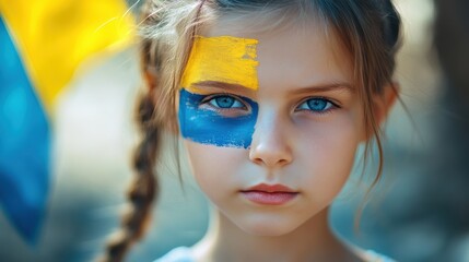 Young girl with painted face in blue and yellow during outdoor celebration in Ukraine, showcasing national pride and spirit