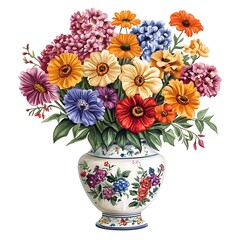 Obraz premium Vibrant Bouquet in a Decorative Vase: A stunning bouquet of colorful flowers overflows from an ornate vase, showcasing a rich tapestry of hues and textures, a celebration of nature's artistry.