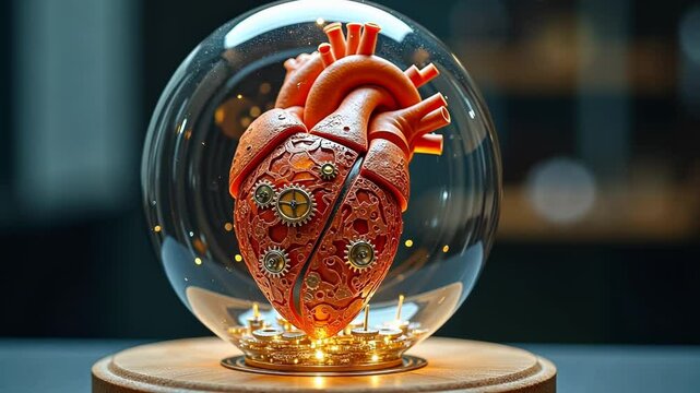 Steampunk Heart in Glass Orb: A Mechanical Marvel