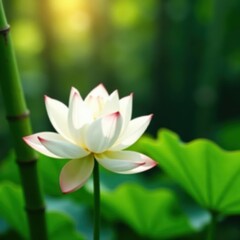 Close-up of delicate white lotus amidst vibrant Asian bamboo , simple, clean