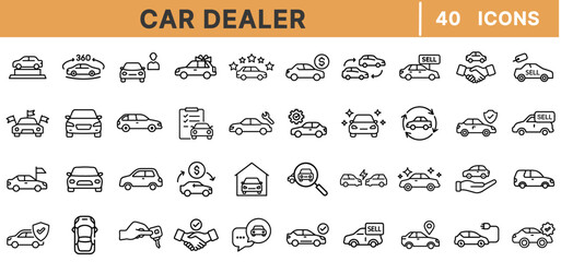 "Car Dealer Line Icons – Vehicle Sales, Auto Showroom, Rental Service, Test Drive, Financing, Trade-In, Inspection, Transportation Business, Vector Illustration Set"