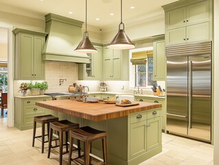 A luxurious kitchen interior features green cabinetry and a wooden island