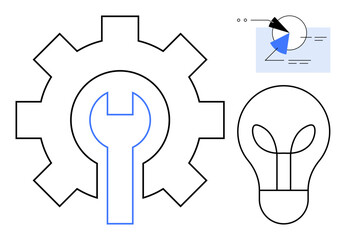 Gear and wrench for mechanics, lightbulb for creative ideas, and pie chart for data, analysis. Ideal for innovation, solutions, engineering, technology creativity analytics teamwork. Flat simple