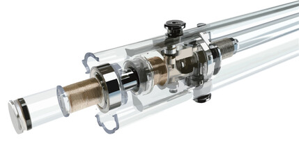 A detailed technical cutaway diagram of a linear actuator mechanism is presented. The image showcases various internal components such as a cylinder, piston, and other mechanical parts.  The