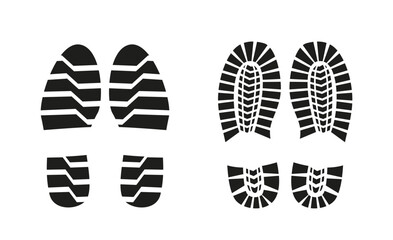 Black shoe prints with different tread patterns on a white background. Flat vector illustration representing footprints, shoe sole impressions, or tracking concepts