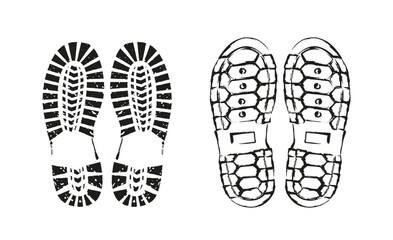 Black and white vector illustration. Two different shoe sole prints, one with rugged pattern other with hexagonal design, isolated on white background. Concept of footwear, hiking, outdoor activities