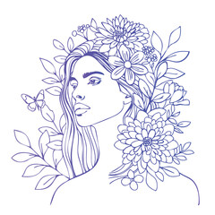 Girl with flowers vector illustration hand drawn.