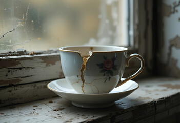 Fototapeta premium Vintage Teacup Resting on a Weathered Windowsill with Rustic Charm