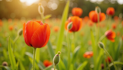 Obraz premium Vibrant poppy amidst soft background glow, nature's elegance