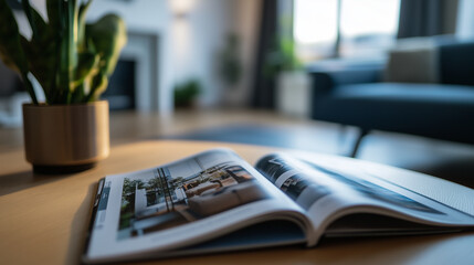 close-up of an apartment magazine on a table, perfect for real estate and interior design promotions