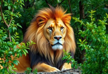 Fototapeta premium Majestic lion, amber mane, rests amidst lush green trees, wild, serene