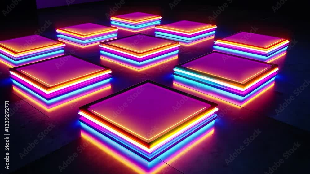 Poster Neon squares pulsate with vibrant colors, creating an immersive visual experience at a contemporary event, Neon squares moving to the camera, vj video