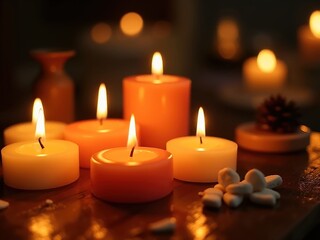 Burning candle close-up. Candles, making candles with your own hands. Wax candles, paraffin candles, interior decor. Concept of warmth and comfort, as the candle's light illuminates and creates a cozy