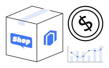 Delivery box labeled Shop, dollar sign inside a circular icon, and analytics chart with rising data points. Ideal for e-commerce, shipping, retail, finance, sales, marketing analytics flat simple