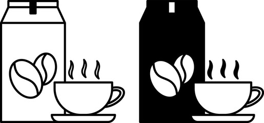 Coffee Icons. Black and White Vector Illustrations. Coffee Bean Packaging and Hot Coffee Cup. Drink, Food. Grocery Concept