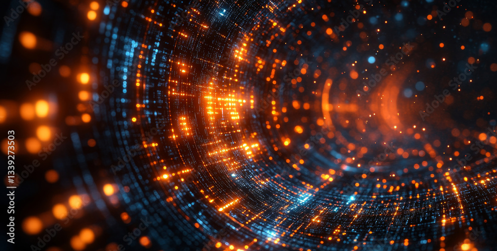 Aufkleber Digital art showcases a quantum computing tunnel filled with glowing particles. The design visualizes concepts like qubits, superposition, and entanglement in a futuristic style.