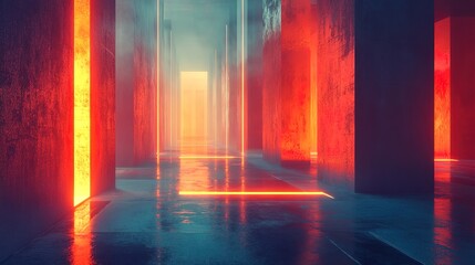 An abstract urban labyrinth with glowing pathways between geometric facades 